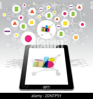 A Tablet PC presenting a filled shopping trolley icon. A background network of linked items represents collected goods linked to the shopping cart. Stock Vector