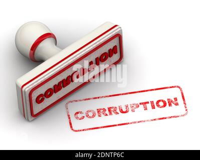 Corruption. The stamp and an imprint. White stamp and red imprint CORRUPTION on white surface. 3D illustration Stock Photo