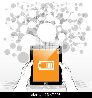 A held Tablet PC presenting a medium to low battery charge icon on screen. Stock Vector