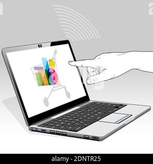A touch screen laptop computer with a filled shopping cart icon on screen. A Wi-Fi connection signal is also visible on the right screen corner. Stock Vector