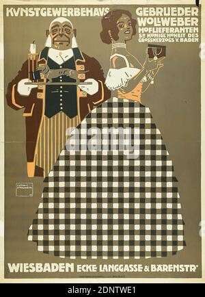 G. Schuh & Cie. (Munich), Ludwig Hohlwein, Kunstgewerbehaus Gebrueder Wollweber, Wiesbaden, paper, lithography, total: height: 124,7 cm; width: 91 cm, signed and inscribed: u. li. in the printing plate: LUDWIG HOHLWEIN 08, product and business advertisement (posters), young woman, girl, domestic staff, servant Stock Photo