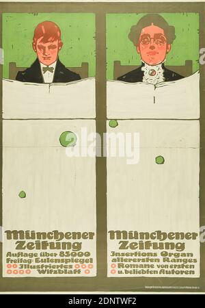 G. Schuh & Cie. (Munich), Ludwig Hohlwein, Münchener Zeitung, paper, lithography, total: height: 125.3 cm; width: 88.8 cm, unsigned, product and business advertising (posters), reading, newspaper, old woman, young man, youth, life, age Stock Photo