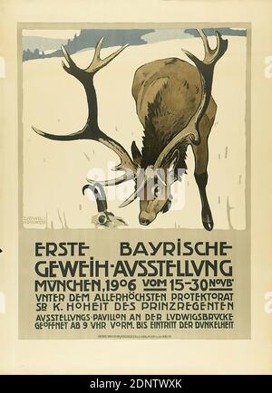 G. Schuh & Cie. (Munich), Ludwig Hohlwein, First Bavarian Antler Exhibition Munich, paper, lithography, Total: Height: 125 cm; Width: 91,5 cm, signed: middle left in the printing plate: LUDWIG HOHLWEIN, exhibition posters, deer, winter, snow, animals, art nouveau Stock Photo