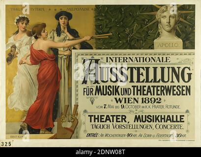 Ernst Klimt, Kunstanstalt S. Czeiger, Internationale Ausstellung für Musik und Theaterwesen, paper, lithography, total: height: 89,5 cm; width: 120,7 cm, signed: u. li. in the printing medium: ERNST KLIMT, exhibition posters, art/culture (posters), music and concert posters, theater posters, fairs/exhibitions, muses, Thalia (muses), Euterpe, Melpomene, Apollo and the muses (Apollo Musagetes), sculpture, sculpture, sculpture art, crowning with laurel, theater, theater performance, music, art exhibition Stock Photo