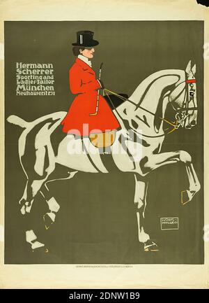 G. Schuh & Cie. (Munich), Ludwig Hohlwein, Hermann Scherrer Sporting and Ladies-Tailor Munich, lithography, Total: Height: 124,5 cm; Width: 91 cm, signed: bottom right in the printing plate: LUDWIG HOHLWEIN, product and business advertising (posters), horse riding, horse, fashion, clothing, woman, ladies' fashion, sports, games Stock Photo