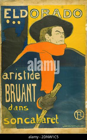 Bourgerie & Cie, Henri de Toulouse-Lautrec, Eldorado - Aristide Bruant dans son cabaret, paper, lithography, Total: Height: 147,5 cm; Width: 96,5 cm, monogrammed: u. r. Print: HTL, event posters, portrait, singer, cabaret artist, portrait, self-portrait of an artist, scarf, neckerchief, Aristide Bruant Stock Photo