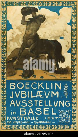 Arnold Böcklin, Hans Sandreuter, Boecklin anniversary. Exhibition in Basel 1897, paper, lithograph, total: height: 101,5 cm; width: 60,8 cm, monogrammed: center right in the printing plate: HS, exhibition posters, centaurs, erratic block, stone, clouds, art exhibition, ornaments, symbolism Stock Photo