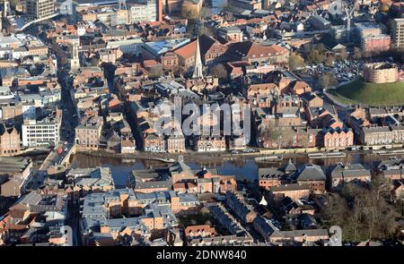 aerial view (from the west looking east) of the River Ouse in York, around Foss Bridge, North Yorkshire, UK Stock Photo