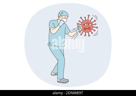 Danger or coronavirus infection epidemic, protective face mask, pandemic concept. Young doctor man in medical protective mask standing and fighting wi Stock Vector