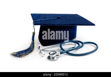 medical education - college graduation cap and stethoscope isolated on white background Stock Photo
