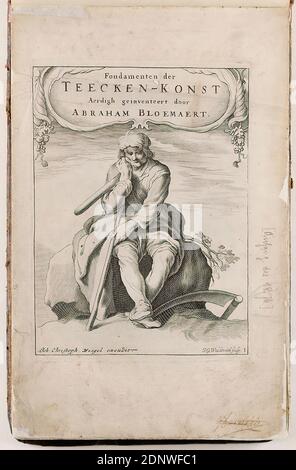 Johann Christoph Weigel, Johann Georg Waldtreich, Abraham Bloemaert, title page of the series Fondamente der Teecken-Konst aerdigh geinverteert door Abraham Bloemaert, paper, copperplate engraving, copperplate engraving on ribbed paper, sheet size: height: 29.20 cm; width: 18.30 cm, signed and numbered in the plate: Joh. Christoph Weigel excudit, J. G. Waldtreich sculp, 1, Inscribed by a stranger with pencil on the right: beginning of the 18th century. Stock Photo