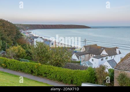 View of Filey Bay from Crescent Gardens at dusk, Filey, North Yorkshire, England, United Kingdom, Europe Stock Photo