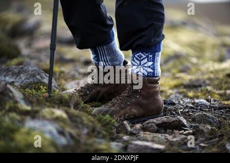 Iceland / East Iceland/  trekking adventure tour close up from hiking boots with  landscape in Iceland . Stock Photo