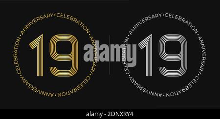 19th birthday. Nineteen years anniversary celebration banner in golden and silver colors. Circular logo with original numbers design in elegant lines. Stock Vector