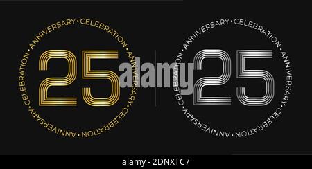 25th birthday. Twenty-five years anniversary celebration banner in golden and silver colors. Circular logo with original numbers design. Stock Vector