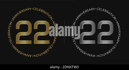 22th birthday. Twenty-two years anniversary celebration banner in golden and silver colors. Circular logo with original numbers design. Stock Vector