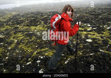 Iceland / East Iceland/  trekking adventure tour East Iceland /Portrait of girl hiking Stock Photo