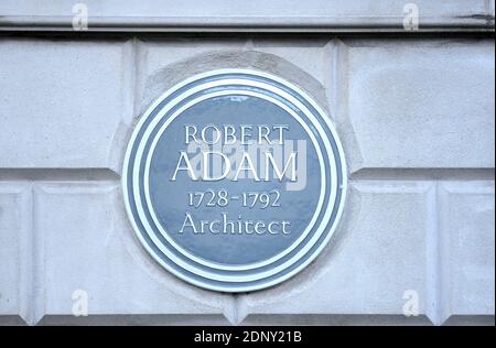 London, UK. Commemorative plaque at Boston House, 37 Fitzroy Square: 'Robert Adam 1728-1792 architect' on a building he designed Stock Photo