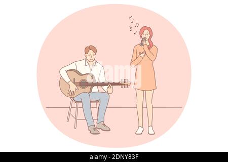 Music band, playing guitar, singer concept. Young couple man and woman cartoon characters playing guitar and singing together during performance on st Stock Vector