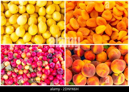 Colorful fruit collage - healthy food background Stock Photo