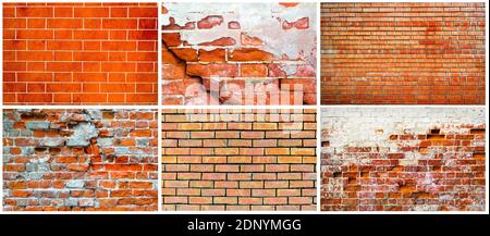 Weathered red brick wall collage collection. High resolution texture for background, poster etc. Stock Photo