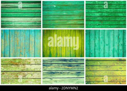 Set of different green painted wooden texture boards Stock Photo