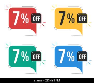 7 percent off. Red, yellow, green and blue tags with seven percent discount. Banner with four colorful balloons with special offers vector. Stock Vector
