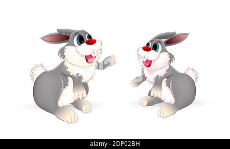 Two cartoon bunny on a white background. Two little bunnies. Rabbit. Stock Vector