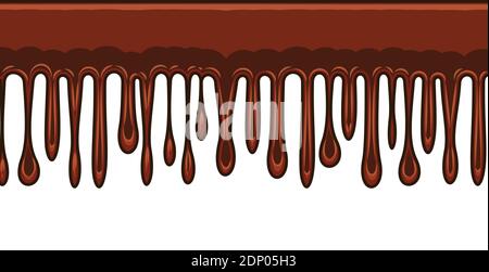 Beads of brown liquid. Dark chocolate Sweet cream. Thick flowing paint. Slime. The drops are slipping. The isolated object on a white background. Flat Stock Vector