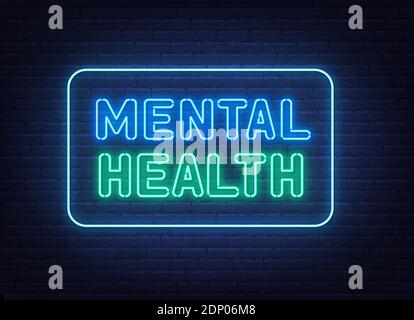 Mental health neon sign on brick wall background . Stock Vector