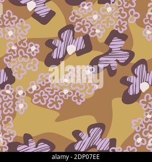 Vector seamless pattern of an abstract blooming flowers on a brown background. Retro flowers design for textile or wallpaper. Stock Vector