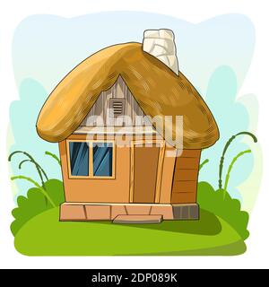 Old house with a thatched roof. Fabulous cartoon object. Cute childish style. Ancient dwelling. Tiny, small. On an abstract background. Isolated on Stock Vector
