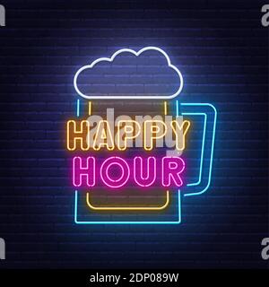 Happy Hour neon sign on brick wall background . Stock Vector