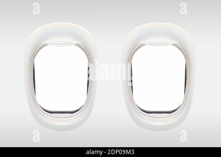 Blank windows of airplane from inside, aerial travel concept Stock Photo