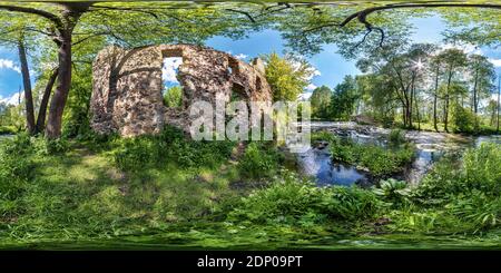 360 degree panoramic view of full seamless spherical hdri panorama 360 degree angle view near the ruins of an old water mill and fast river in equirectangular projection, ready fo