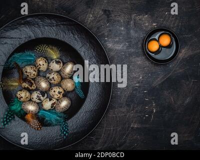Easter concept. Quail eggs, golden colored eggs and colorful feathers in black bowl. Two yolks in black bowl on wooden background. Overhead view. Stock Photo