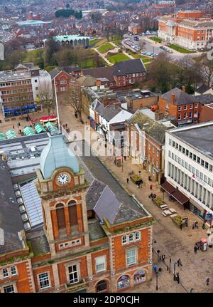 View looking town on the clock tower of Chesterfield Market Hall in Chesterfield town centre Derbyshire England UK Stock Photo