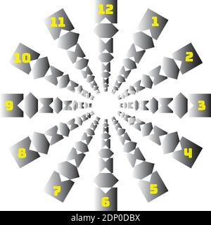 clock dial gray gradient rectangle diamond alternating signs yellow numbers on transparent background Stock Vector