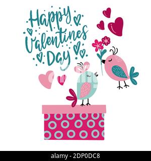 Holiday card for valentines day with image of birds, gift box and lettering, in vector graphics on a white background. For the design of postcards Stock Vector