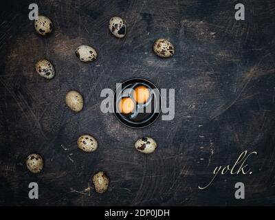 Black bowl of quail yolks and eggshells on wooden background with the text: yolk. Overhead shot with copy space. Stock Photo