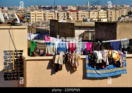 Laundry Hanging on Roof of Building in Fez, Morocco Stock Photo