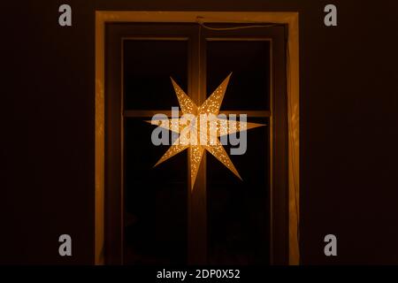 Typical star for lightning and decoration during the winter time for Christmas. The star is meant to represent the Star of Bethlehem, and is lit up on Stock Photo