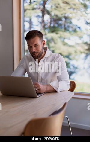Man at home using laptop Stock Photo