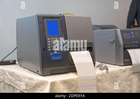 Barcode Label Printers Equipment for Distribution Warehouse Stock Photo