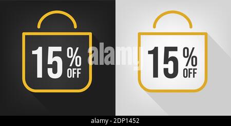 15 percent off. Black, white and yellow banner with fifteen percent discount. Shopping bag concept vector. Stock Vector