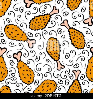 Seamless pattern with hand drawn fried chicken and decoration. Vector illustration. Stock Vector