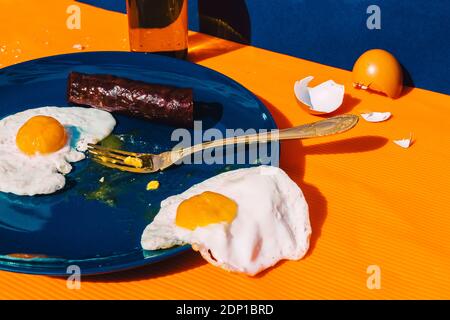 Plate of fried eggs with chorizo Stock Photo