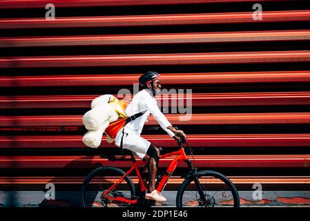 Bicycle courier delivering a teddy bear passing a red wall Stock Photo