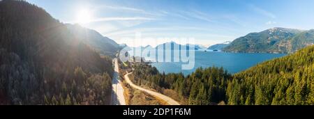 Aerial panoramic view of the Sea to Sky Highway Stock Photo