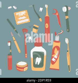 Vector flat icons mouth cleaning tools. Dental floss, electric toothbrush, tongue brush, interdental brush, whitening strips, denture brush, tooth pow Stock Vector